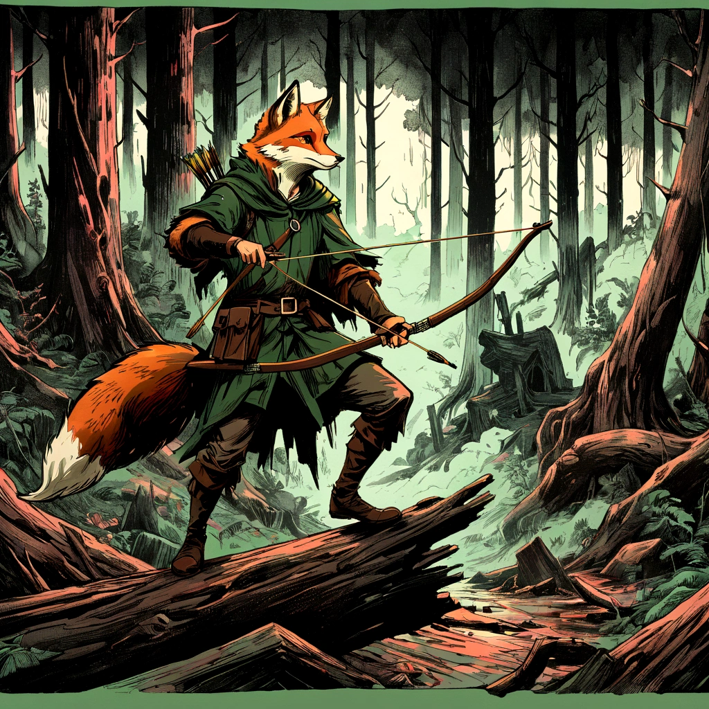 fox robin hood, Archer, animated, hand drawn, rotoscope, cinematic, expressive,  ink style figure, apocalyptic russian dense forest, VHS, glitch, distorted, nostalgia, 90's retro vibes, analog tape, vcr aesthetics, tv, television, hand drawn, (full roygbiv color) ink charcoal expressive illustration, no light source, darkness, light mask uv rays across face, splash page