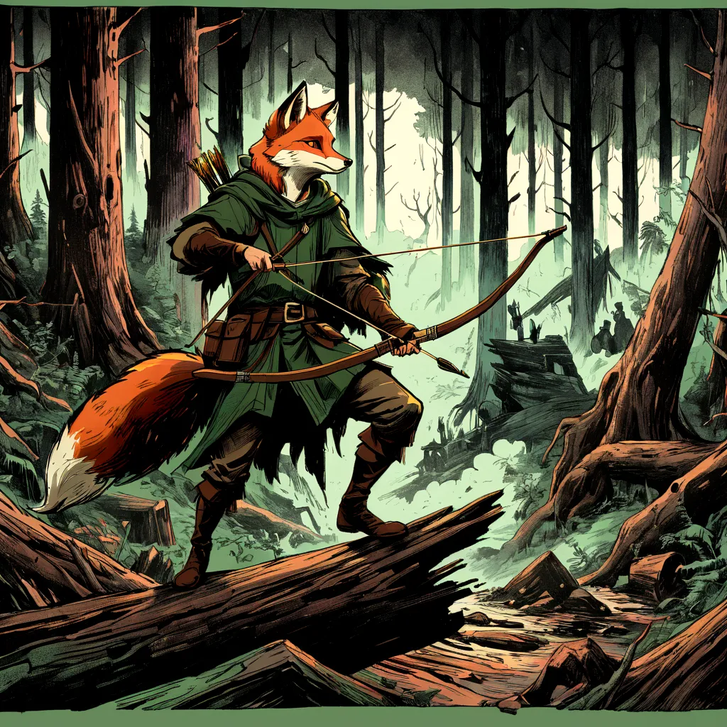 fox robin hood, Archer, animated, hand drawn, rotoscope, cinematic, expressive,  ink style figure, apocalyptic russian dense for...