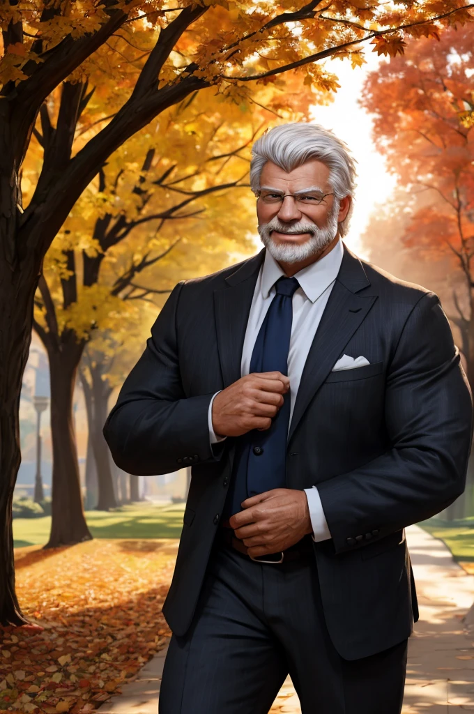 (best quality,4k,8k,highres,masterpiece:1.2),ultra-detailed,(realistic,photorealistic,photo-realistic:1.37),dramatic lighting,chiaroscuro,atmospheric,moody,cinematica, muscular old man in park, happy, autumn, suits, formal suits, bokeh, smile, huge and muscular,thick arms,short hair,white hair,