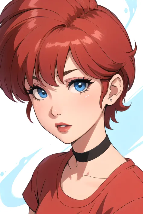 Ranma-chan. very short hair. choker. blue eyes. red hair. red lips. tshirt. a photo of a face in the vicinity. 
