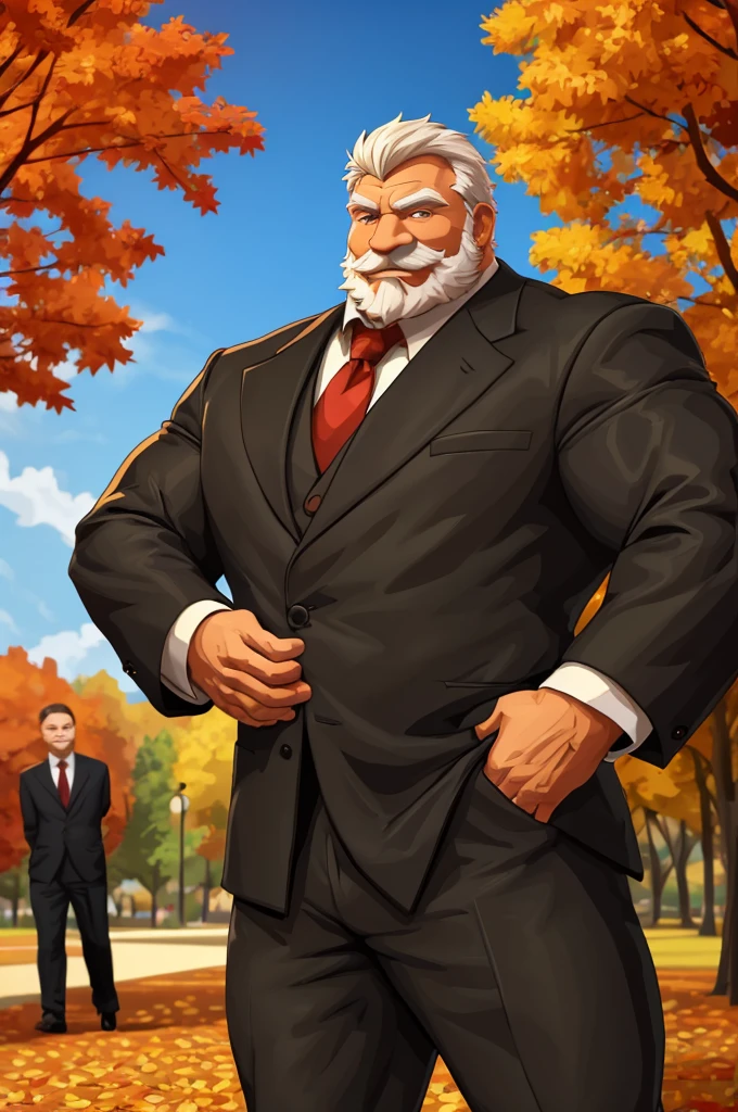 a muscular old man in park, happy, autumn, suits, vector, mwvector, bokeh, smile, (masterpiece:1.2),(best quality,8k),huge and muscular,thick arms,short hair,white hair,hand on pocket