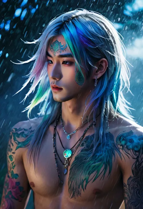 An ethereal sultryseductivedemonic 20 year old anime male druid with metallic long hair and tattoos, delicate masterpiece intima...