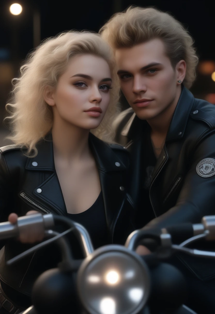 8 k, Best quality, masterpiece, Ultra high resolution, (Realism: 1.4), original photo, (realistic skin texture: 1.3), (Granularity: 1.3), girl and guy dark style punks couple in love couple on a motorcycle facial details, masterpiece, Best quality, (((I look at the viewer))) night girl blonde guy with curly black hair