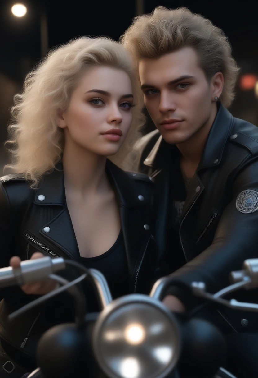 8 k, Best quality, masterpiece, Ultra high resolution, (Realism: 1.4), original photo, (realistic skin texture: 1.3), (Granularity: 1.3), girl and guy dark style punks couple in love couple on a motorcycle facial details, masterpiece, Best quality, (((I look at the viewer))) night girl blonde guy with curly black hair