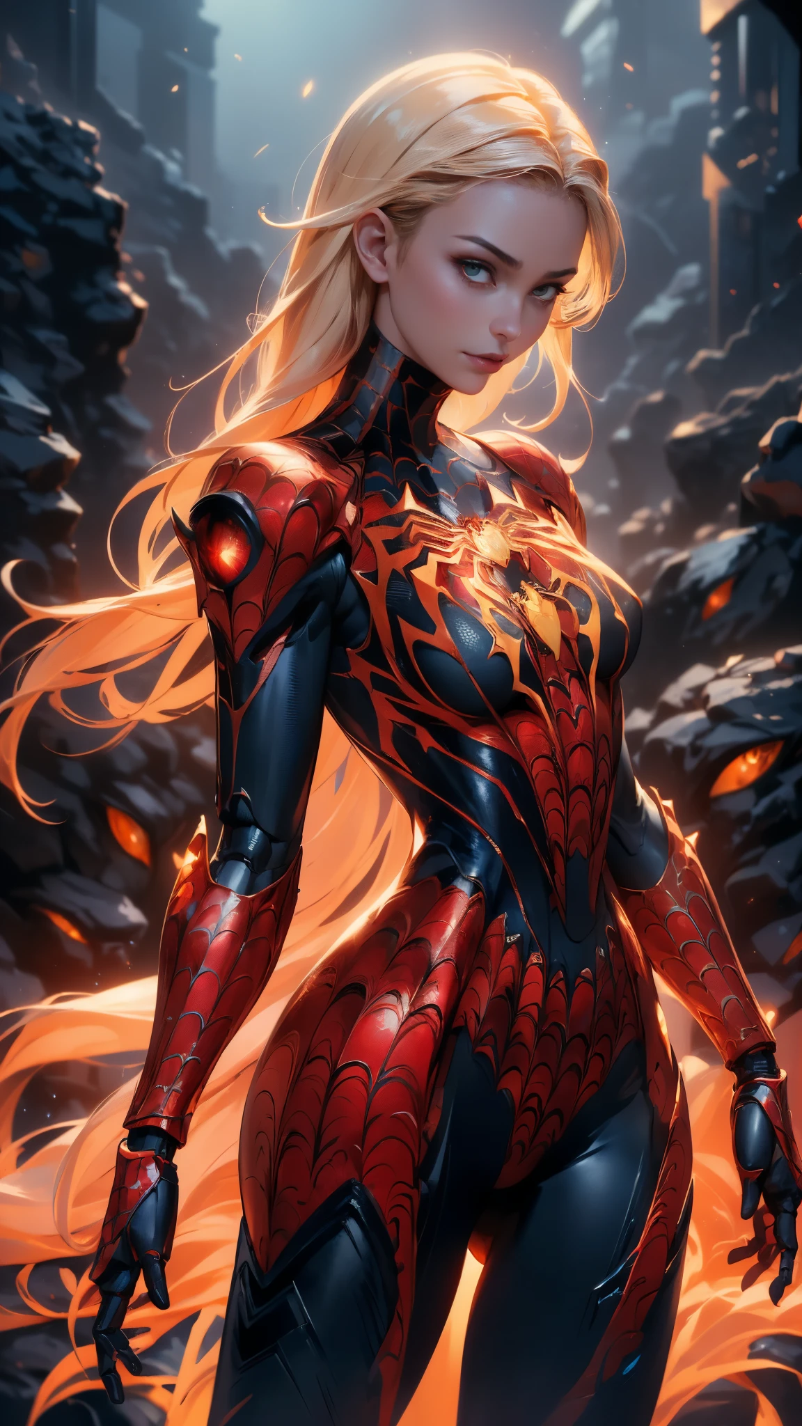 (1girl:1.3), Solo, (((Very detailed face)))), ((Very detailed eyes and face)))), Beautiful detail eyes, Body parts__, Official art, Unified 8k wallpaper, Super detailed, beautiful and beautiful, beautiful,(BodySuit látex Spiderman cyborg transparent :1.4), masterpiece, best quality, original, masterpiece, super fine photo, best quality, super high resolution, realistic realism, sunlight, full body portrait, amazing beauty, dynamic pose, delicate face, vibrant eyes, (from the front),( She wears Spider-Man suit:1.4) , (red and black color scheme:1.4) , spider, very detailed city roof background, rooftop, overlooking the city, detailed face, detailed complex busy background, messy, gorgeous, milky white, highly detailed skin, realistic skin details, visible pores, clear focus, volumetric fog, 8k uhd, DSLR, high quality, film grain, fair skin, photo realism, lomography, futuristic dystopian megalopolis, translucent, Epic Fantasy Art Style HD, 4K fantasy art, epic fantasy digital art style, epic fantasy art style, Fantasy Woman, epic fantasy art portrait, Epic fantasy style, hyperrealistic fantasy art, hd fantasy art, Epic fantasy character art, epic fantasy art, in style of dark fantasy art, epic fantasy digital art, (pose dinámica vaquero), (anatomía perfecta :1.4), (iluminación cinematográfica :1.4), (colores brillantes), (cyborg mecánica spider man white :1.4) 