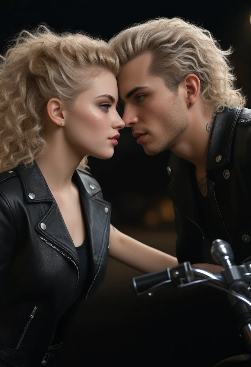 8 k, Best quality, masterpiece, Ultra high resolution, (Realism: 1.4), original photo, (realistic skin texture: 1.3), (Granularity: 1.3), girl and guy dark style punks couple in love couple on a motorcycle facial details, masterpiece, Best quality, (((I look at the viewer))) night girl blonde arena with curly hair