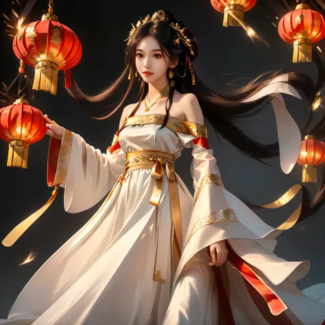 Girl in traditional Chinese clothing, Hanfu, Guzhen Hanfu women, gold Hanfu,(long straight black hair:1.5), black eyes, black bu...