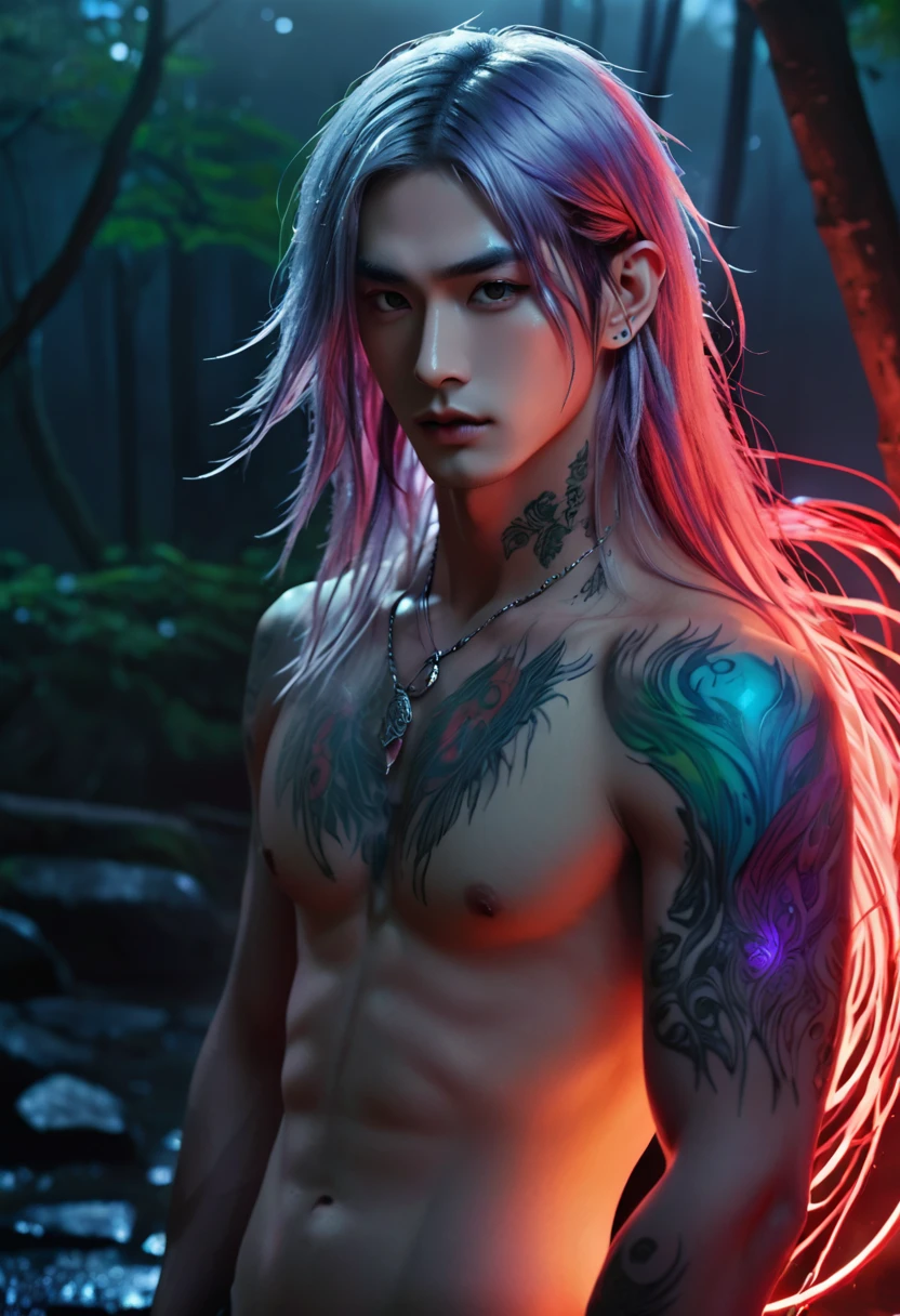 An ethereal sultryseductivedemonic 20 year old anime male druid with metallic silver/red long hair and tattoos, delicate masterpiece intimate glowing neon tattoos, anime druid demon male hellscape at night, manga inspired by Masashi Wakui, rainbow color palette, atmospheric fog, decay, worn textures, rain-soaked fantasy village, manga-style illustration --s 150 --ar 1:2 --c 5 Removed From Image