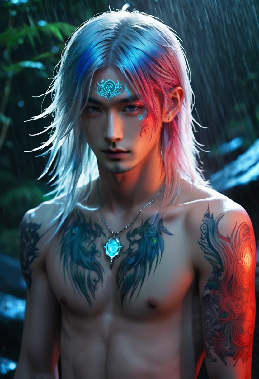 An ethereal sultryseductivedemonic 20 year old anime male druid with metallic silver/red long hair and tattoos, delicate masterpiece intimate glowing neon tattoos, anime druid demon male hellscape at night, manga inspired by Masashi Wakui, rainbow color palette, atmospheric fog, decay, worn textures, rain-soaked fantasy village, manga-style illustration --s 150 --ar 1:2 --c 5 Removed From Image