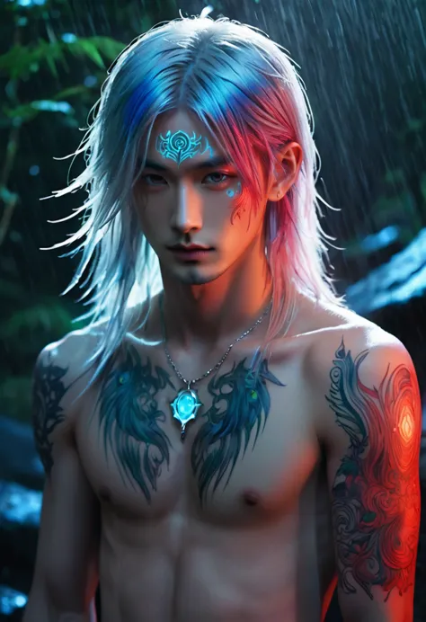 an ethereal sultryseductivedemonic 20 year old anime male druid with metallic silver/red long hair and tattoos, delicate masterp...