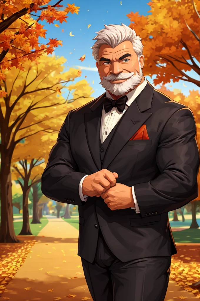 muscular old man in park,happy,autumn,suits,vector,mwvector,bokeh,smile,(masterpiece:1.2),(best quality,8k),huge and muscular,thick arms,short hair,white hair