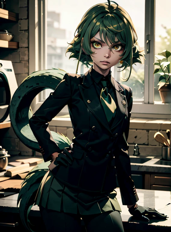 kakutomiku, Yellow eyes, Long hair and tail flashing, Multicolored hair,Green hair, Black jacket, long sleeves, Necktie, gloves, Long pants skirt to the viewer , serious , simper, 
Inside, kitchen, Pokemon contract (Creature), Maximum detail, Tafah, Beautiful quality, 