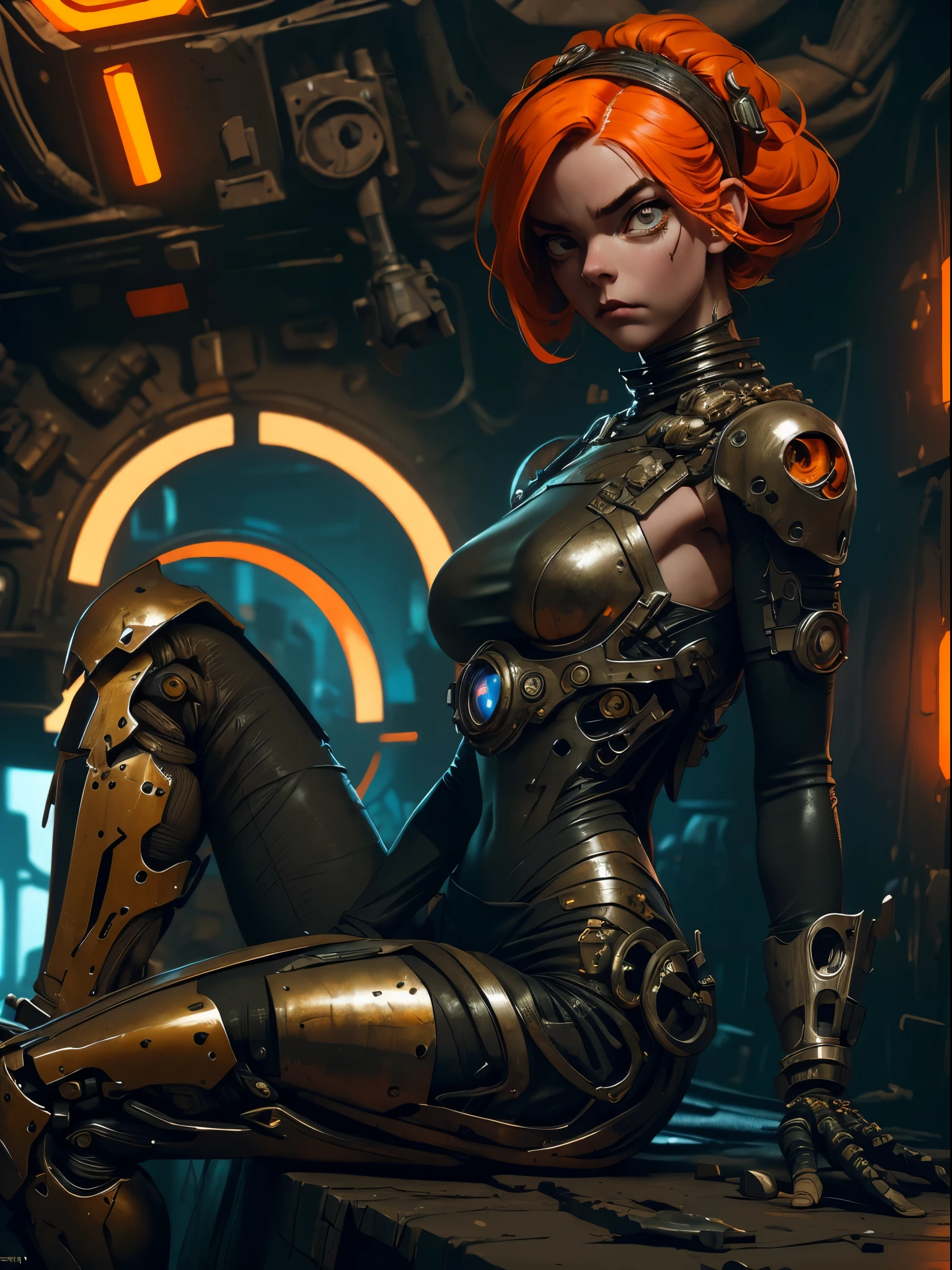 A highly detailed and realistic skull girl,( Anya. Taylor Joy) cyberpunk character, mad max furiosa, one hand robot, cyborg arm, orange hair, dramatic metal heavy rock theme, best quality, 8k, hyperrealistic, photorealistic, extreme detailed painting, studio lighting, vivid colors, dark moody atmosphere, cinematic, dramatic pose, intricate mechanical details, glowing energy effects, intense gritty textures, seamless integration of organic and inorganic elements. Wearing the used clothes of a wastelander. Background: An apocalyptic wasteland. Dusty and depressing.