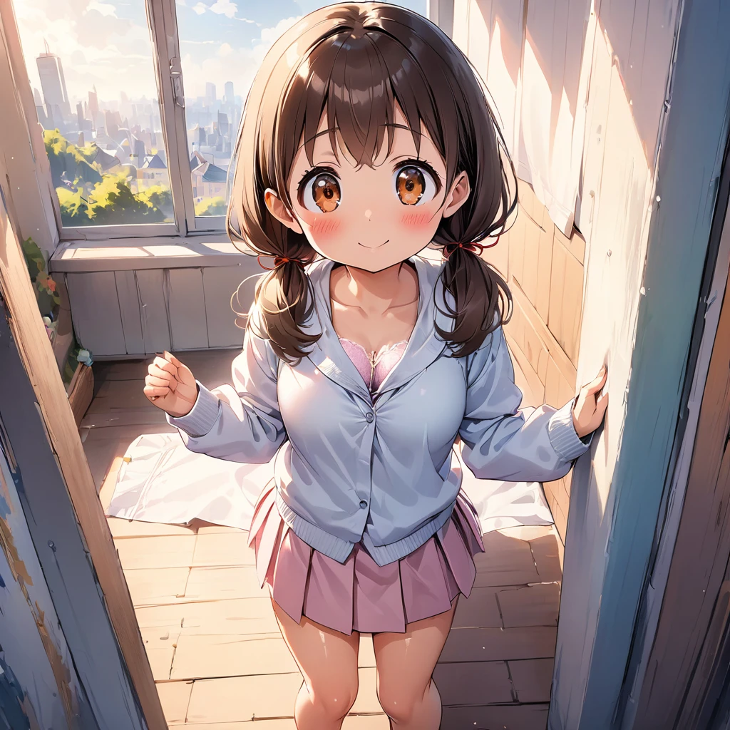 (Pastel color:1.3), (child:1.2), beautiful illustration, (perfect lighting, natural lighting), beautiful detailed hair, beautiful detailed face, beautiful detailed eyes, beautiful clavicle, beautiful body, beautiful chest, beautiful thigh, beautiful legs, beautiful hands, cute and symmetrical face, shiny skin, (detailed cloth texture:1.2), (white satin bra peek:1.0), (white satin pantie peek:1.0), (pink satin pantie:1.0),(beautiful scenery), (lovely smile, upper eyes), (dimple:1.5), (ultra illustrated style:1.3), (ultra detailed pantie:1.5), (beautiful faces detailed, real human skin:1.2), hoodie, Bottomless, (Barefoot:1.3), (bra shot:1.3), (skirts:1.5), (pantie shot:1.3), (perspiring:1.5), (embarrassed, blush:1.3), (1 girl:1.4), (9 years old, height 1.2meters, chubby 28kg, tareme:1.3), (orange eyes with a hint of pink:1.3), (dark brown hair:1.7), (straight hair:1.7), (low twintails:1.7), (red hair tie:1.7), (large and soft breasts, Slender body, Small Ass:1.7), small nipples, fair skin, (necklace), (Droopy eyes:1.2), (Bed:1.3), (dynamic angle, sexypose:1.4), side view, (from bellow:1.8), (from above:1.2), elicate details, depth of field, best quality, anatomically correct, high details, HD, 8k,