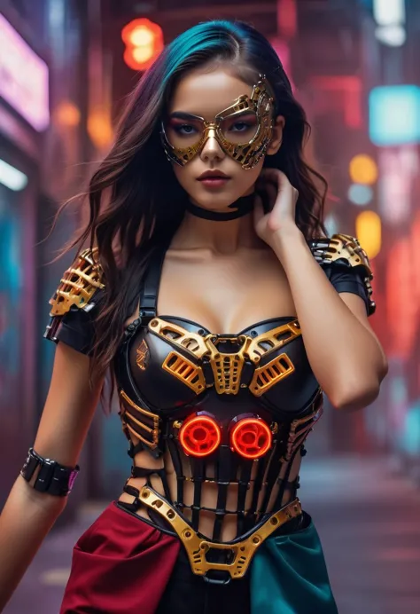 a teenage fashion model wearing an exo-skeleton mask, vibrant colors, futuristic cyberpunk style, intricate details, cinematic l...