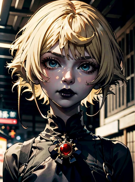 a close up of a woman with a black dress and black lipstick, blonde hime cut hair, with short hair, 1 7 - year - old anime goth girl, short pigtails hair, white hime cut hairstyle, sui ishida with blonde hair, with short hair with bangs, short blonde hair with bangs, short blonde hair, japanese gothic, blonde short hai