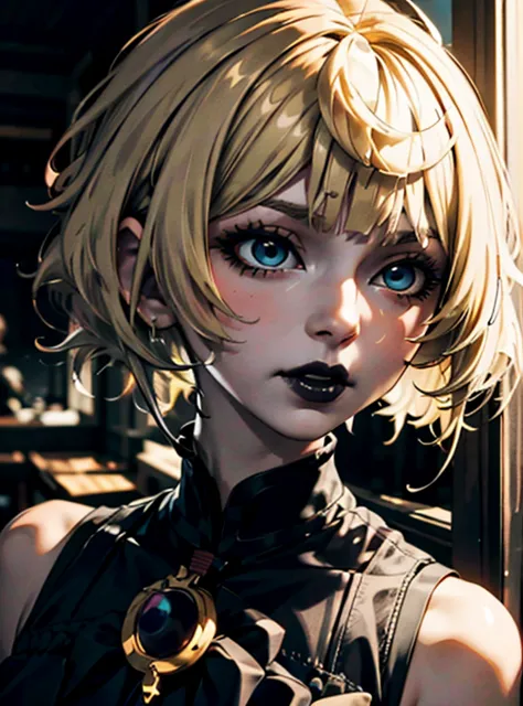 a close up of a woman with a black dress and black lipstick, blonde hime cut hair, with short hair, 1 7 - year - old anime goth ...