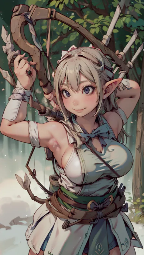 (cute elf ),(archer clothes),(carrying bow and arrows on her back:1.5),(messy hairstyle),(large breasts:1.5),in forest backgroun...