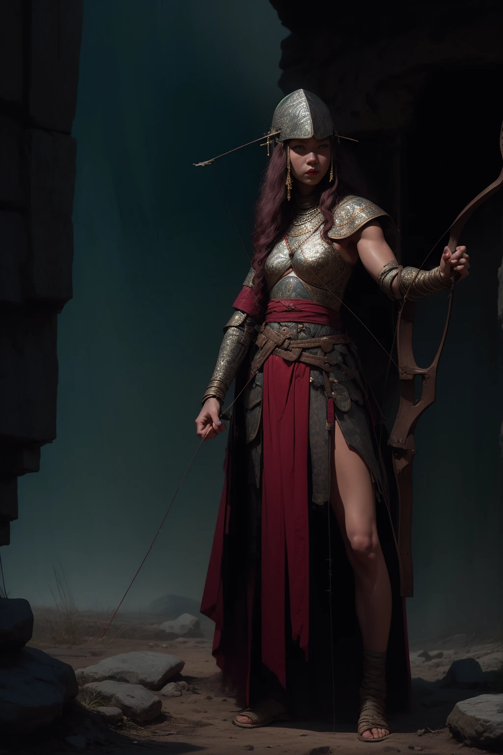 ((1 girl, extremely detailed archer, detailed archery pose: 1.5)), complex bow, dramatic movement, striking silhouette, flowing hair, intense focus, muscular physique, realistic skin texture, high quality, 8k, cinematic lighting , dramatic shadows, warm color tones, vibrant colors, fantasy landscape background, lush vegetation, rocky cliff, dramatic sky, dynamic action, stunning composition, masterpiece, photorealistic, hyper detailed