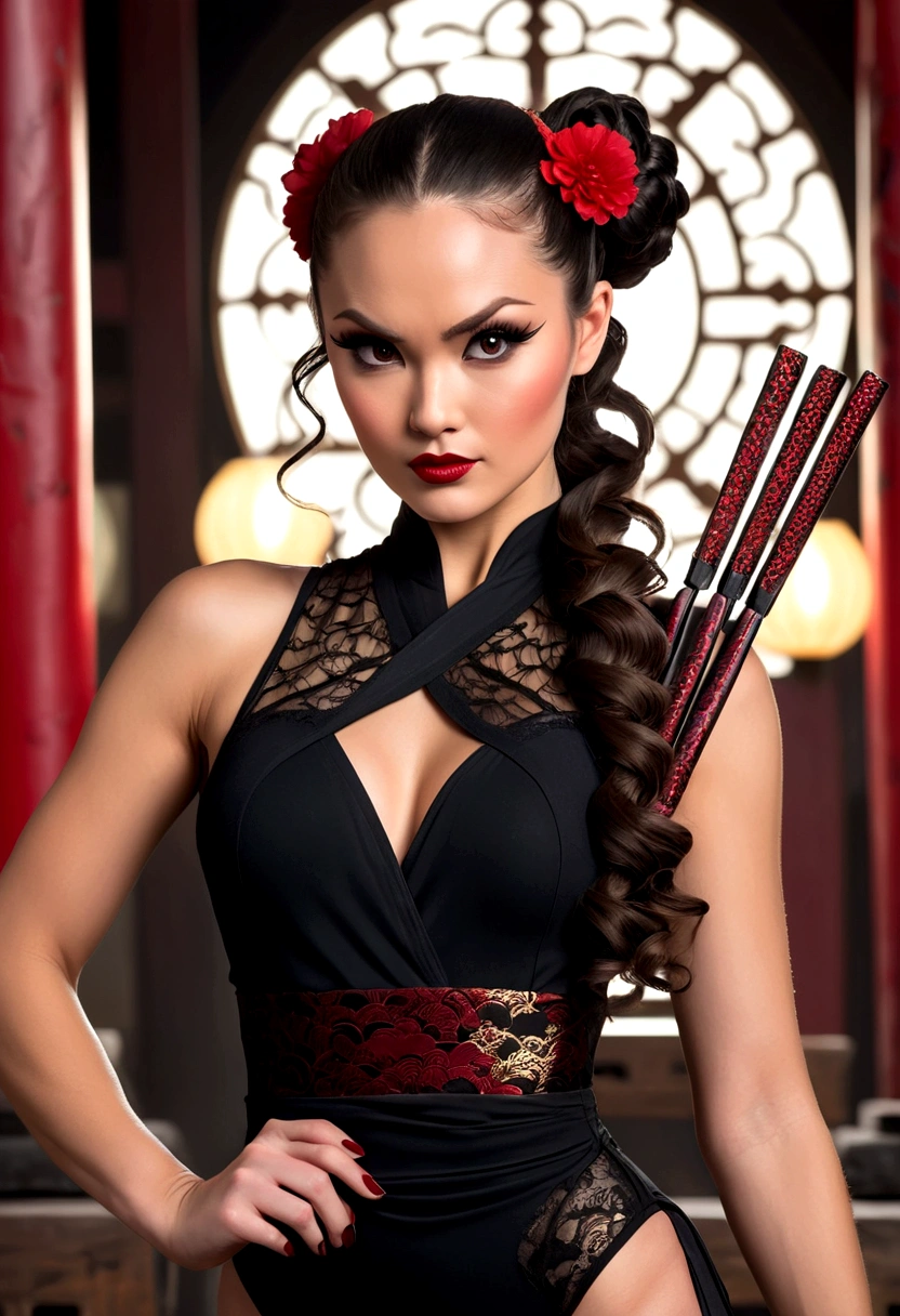 Tori Black asian ninja warrior holding sharp hairpins, ringlets wavy five  feet l - SeaArt AI