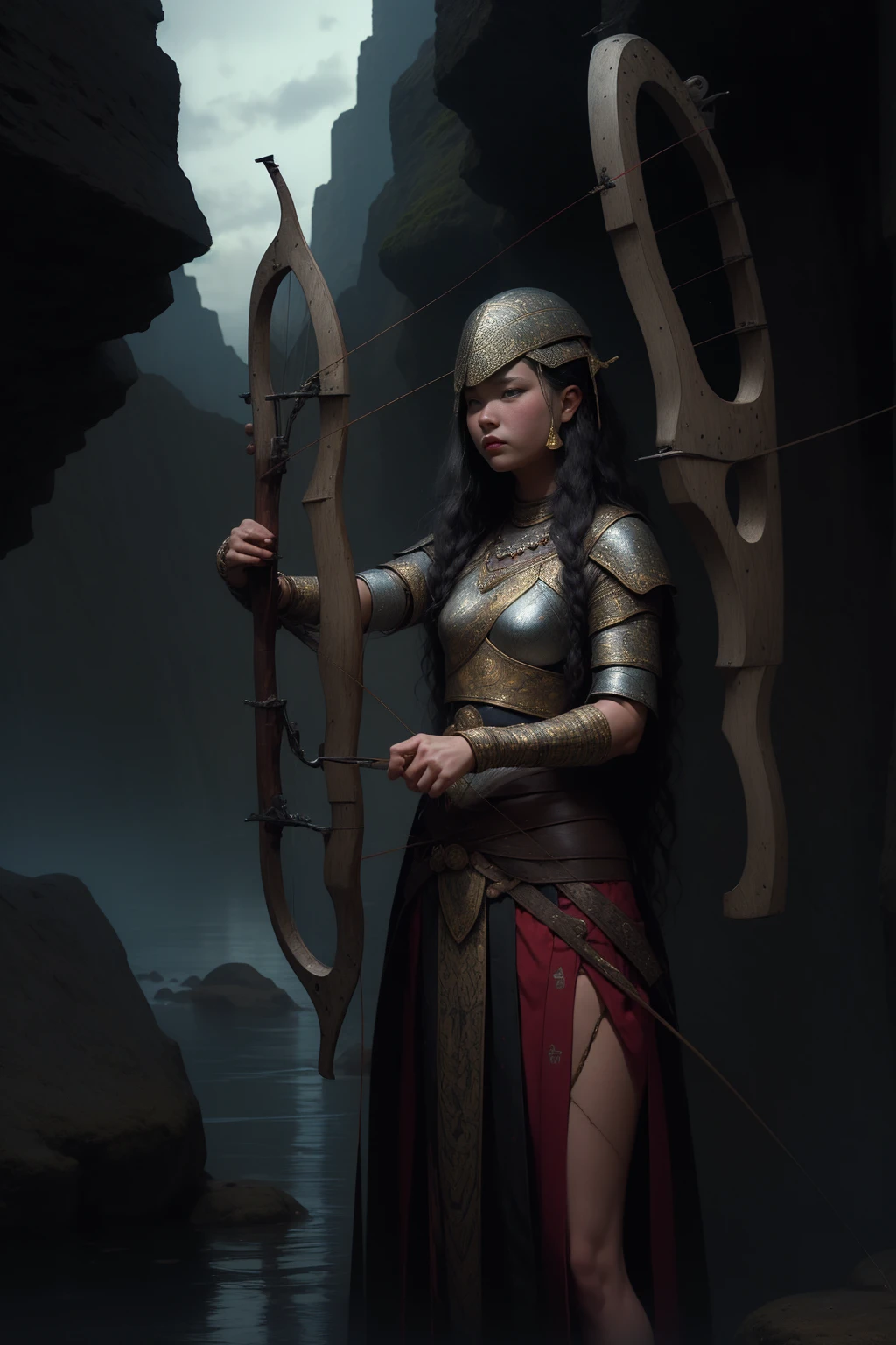((1 girl, extremely detailed archer, detailed archery pose: 1.5)), complex bow, dramatic movement, striking silhouette, flowing hair, intense focus, muscular physique, realistic skin texture, high quality, 8k, cinematic lighting , dramatic shadows, warm color tones, vibrant colors, fantasy landscape background, lush vegetation, rocky cliff, dramatic sky, dynamic action, stunning composition, masterpiece, photorealistic, hyper detailed