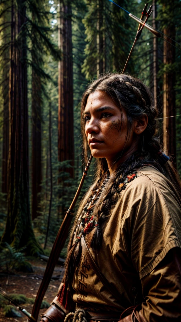 アメリカ開拓時代の険しい荒野に暮らすアメリカ先住民の部族の弓矢使いの詳細な描写, 非常に詳細な顔と目, 美しい詳細な編み込み髪, ネイティブアメリカンの伝統的な衣服とアクセサリー, 狩猟用の弓矢, レッドウッドの森の背景, 映画照明, 劇的な影, 非常に詳細な, 写実的な, 8k, 傑作