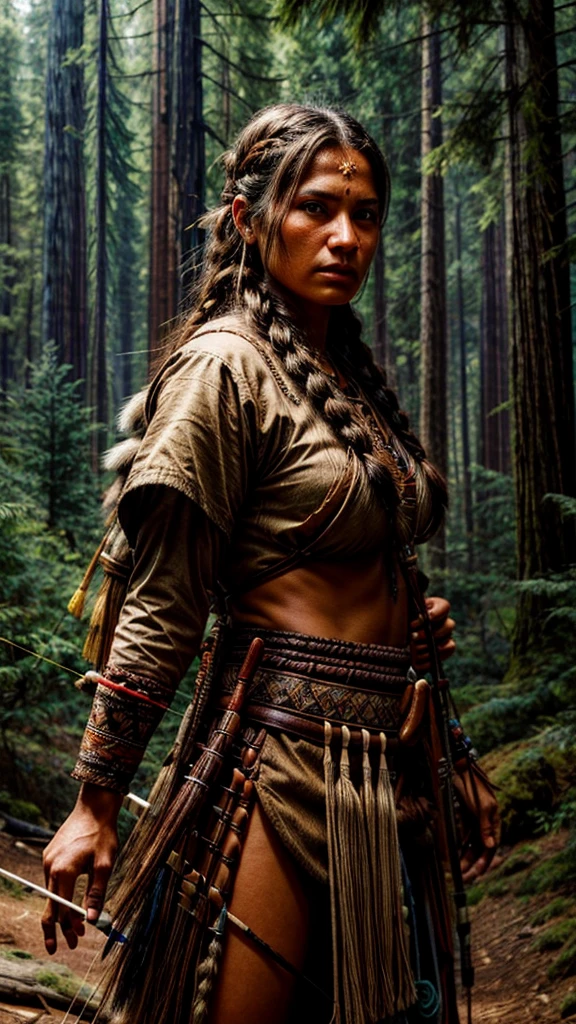 a detailed tribal Native American archer in the rugged wilderness of the American frontier, extremely detailed face and eyes, beautiful detailed braided hair, native american traditional clothing and accessories, hunting bow and arrow, redwood forest background, cinematic lighting, dramatic shadows, highly detailed, photorealistic, 8k, masterpiece