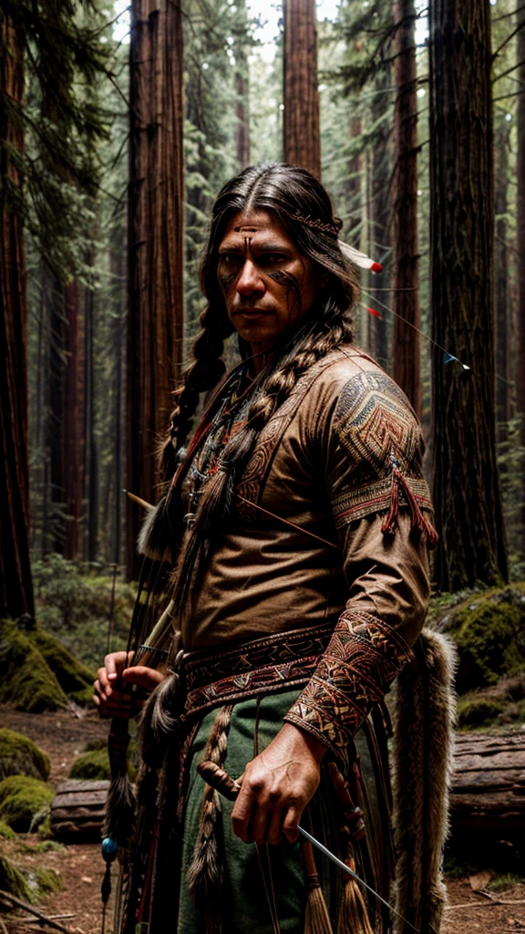 在美國邊境崎嶇的荒野中，一位細節豐富的美洲原住民部落弓箭手, 臉部和眼睛的細節非常豐富, 美麗細緻的辮子, 美洲原住民傳統服裝與配件, 狩獵弓箭, 紅木森林背景, 電影燈光, 戲劇性的陰影, 非常詳細, 逼真的, 8K, 傑作