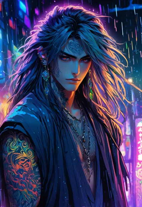 An ethereal sultryseductivedemonic 20 year old anime male druid with metallic long hair and tattoos, delicate masterpiece intima...