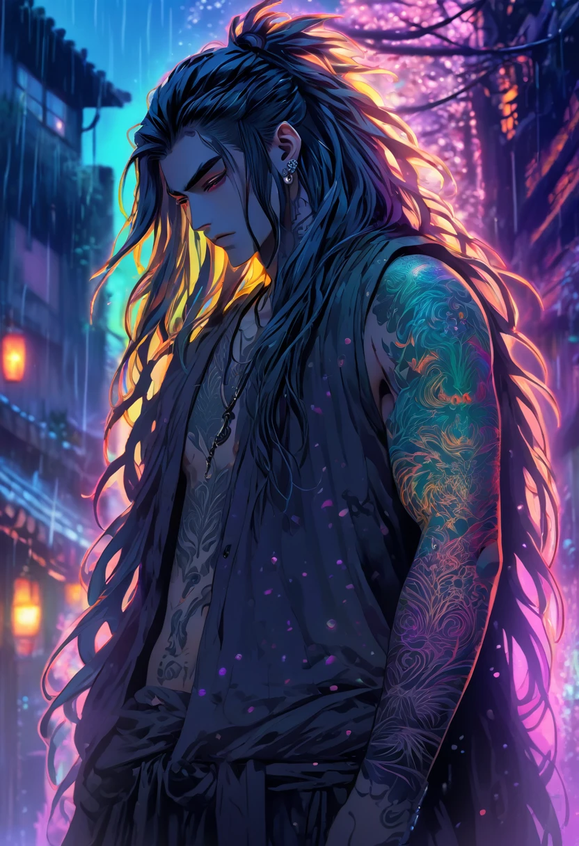 An ethereal sultryseductivedemonic 20 year old anime male druid with metallic long hair and tattoos, delicate masterpiece intimate glowing neon tattoos, anime druid demon male hellscape at night, manga inspired by Masashi Wakui, rainbow color palette, atmospheric fog, decay, worn textures, rain-soaked fantasy village, manga-style illustration --s 150 --ar 1:2 --c 5 Removed From Image