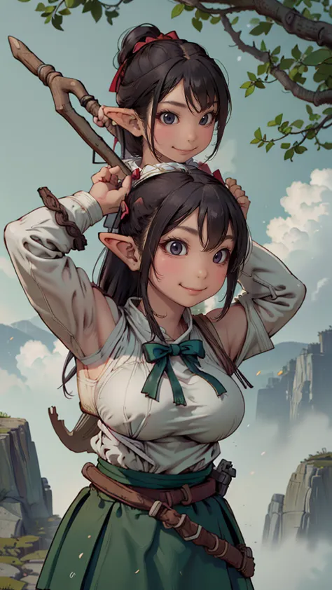 (cute elf ),(archer clothes),(carrying bow on her back:1.5),(messy hairstyle),(large breasts:1.5),in forest background,(Highest ...