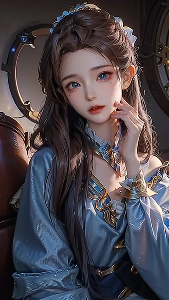 charming, ultra-detailed, illustration, complicated, detailed, extremely detailed, detailed face, Soft Lighting, Soft Light, Soft Focus, Perfect face, beautiful, Accurate anatomy, Overexposure, 8K, 4K, (high resolution:1.1), best quality, (masterpiece:1.3), 1 girl, solitary, Jewelry, Brown eyes, Looking at the audience, earrings, White hair, Bangs, necklace, Residence, portrait, watch, Hair accessories, Simple background, Gray background, Long hair, Headrest, Lips, hair bow, black necklace, bow, eyelash