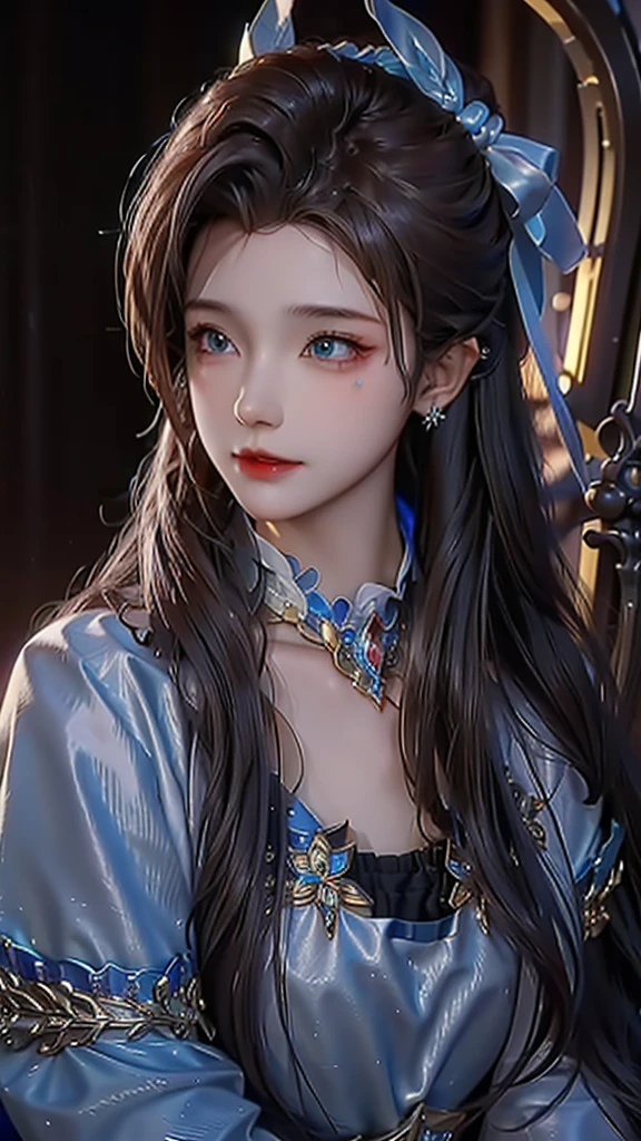 charming, ultra-detailed, illustration, complicated, detailed, extremely detailed, detailed face, Soft Lighting, Soft Light, Soft Focus, Perfect face, beautiful, Accurate anatomy, Overexposure, 8K, 4K, (high resolution:1.1), best quality, (masterpiece:1.3), 1 girl, solitary, Jewelry, Brown eyes, Looking at the audience, earrings, White hair, Bangs, necklace, Residence, portrait, watch, Hair accessories, Simple background, Gray background, Long hair, Headrest, Lips, hair bow, black necklace, bow, eyelash