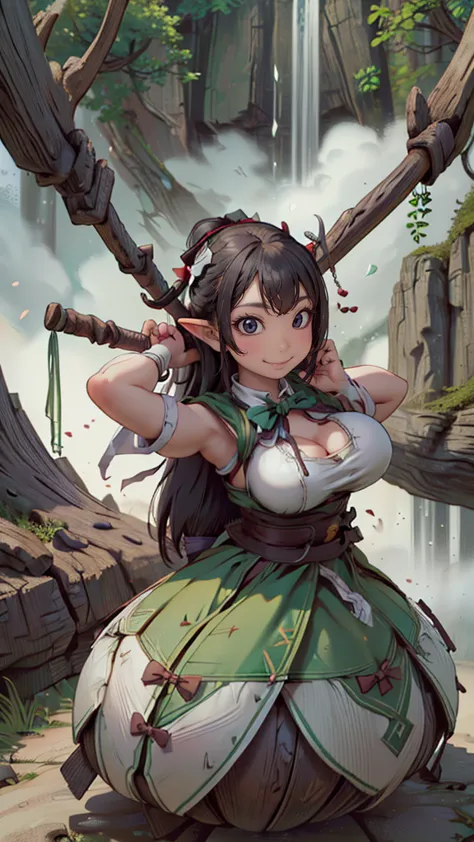 (cute elf ),(archer clothes),(bow on her back:1.5),(messy hairstyle),(large breasts:1.5),in forest background,(Highest image qua...