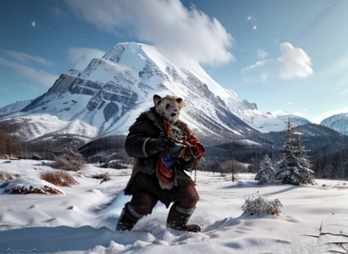  Un ours polaire humanoïde chasse sa nourriture . Dans le scénario il y a d&#39;immenses montagnes gelées. Le sol et le milieu gelé, couvert de neige, tempête glaciale 