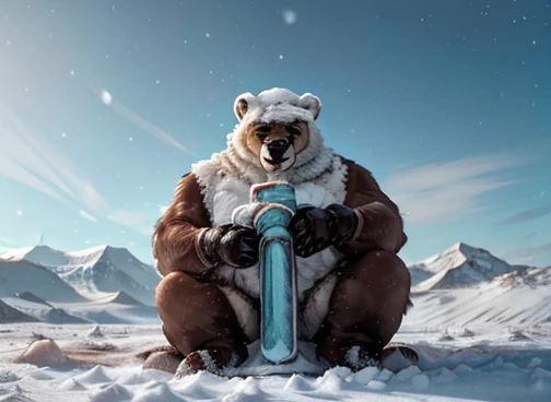  Um urso polar humanóide está caçando sua comida . No cenário há imensas montanhas congeladas. O solo e o ambiente congelado, coberto de neve, tempestade gelada , urso polar pelugem branco  🐻‍❄️ 🤍