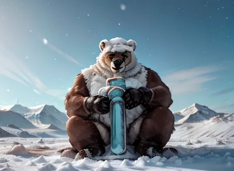  A humanoid polar bear is hunting its food . In the scenario there are immense frozen mountains. The soil and frozen environment...