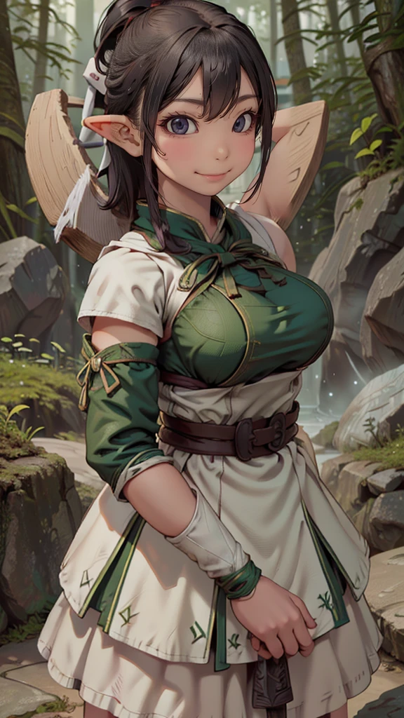 (cute elf ),(archer clothes),,(messy hairstyle),(large breasts:1.5),in forest background,(taking a bow),(Highest image quality, (8K), Ultra-realistic, Best Quality, High quality, High Definition, high quality texture, high detailing, Beautiful detailed, fine detailed, extremely details CG, Detailed texture, realistic representation of face, masterpiece, presence)
