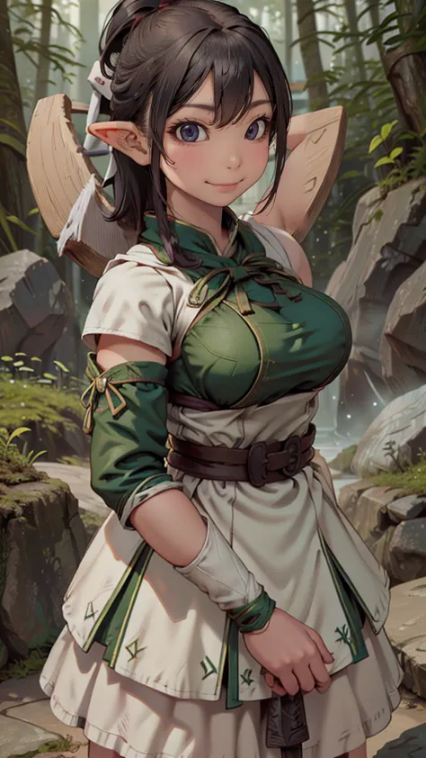 (cute elf ),(archer clothes),,(messy hairstyle),(large breasts:1.5),in forest background,(taking a bow),(Highest image quality, ...