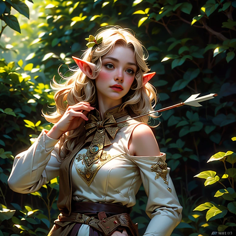 ((Archery Master_An elf puts an arrow on his bow and shoots it:1.7))、Blonde medium hair、Big Breasts、Narrow waist、Big Butt、Ideal proportions、Oily skin with detailed、A beautiful and delicate elf in a revealing outfit、(Elf movement shown with motion blur effect:1.5)、(Highest quality、4K、8K、High resolution、masterpiece:1.2)、Very detailed、(Genuine、Realistic、Realistic:1.37)、Detailed Elf、Fantastic lighting、green々leaf、Magical atmosphere、Dramatic Shadows、Beautiful night forest scenery in vibrant colors