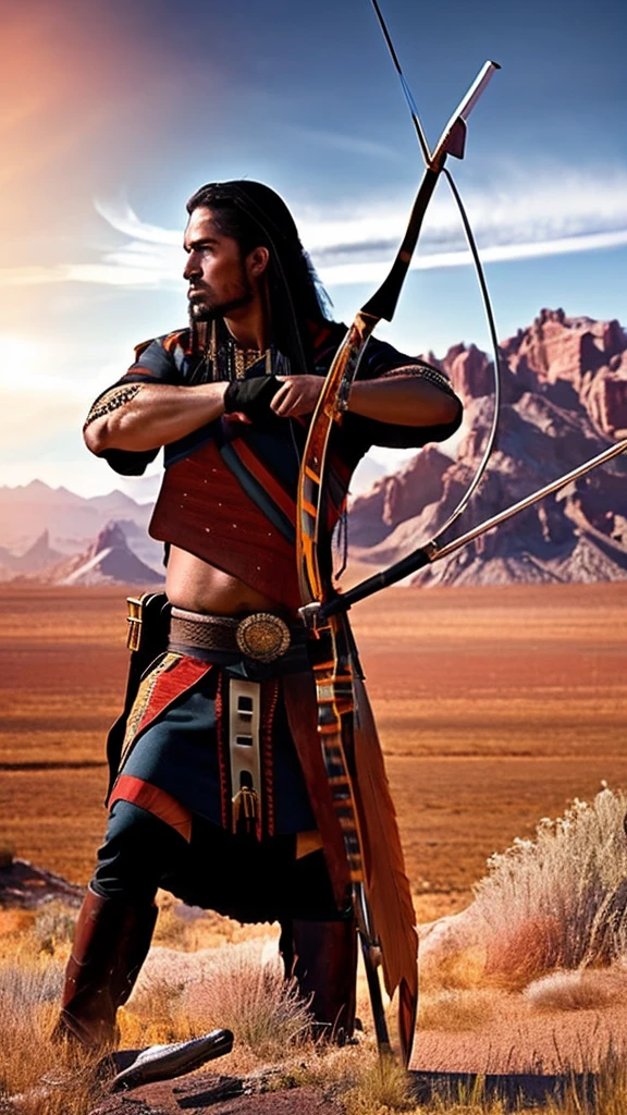 A native american archer in the wilderness, aiming bow and arrow at ...