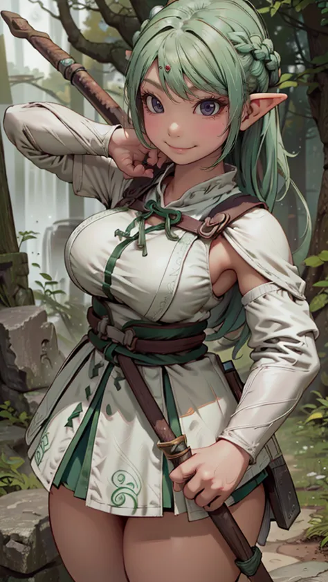 (cute elf ),(archer clothes),,(messy hairstyle),(large breasts:1.5),in forest background,(detailed archer's equipment),(Highest ...