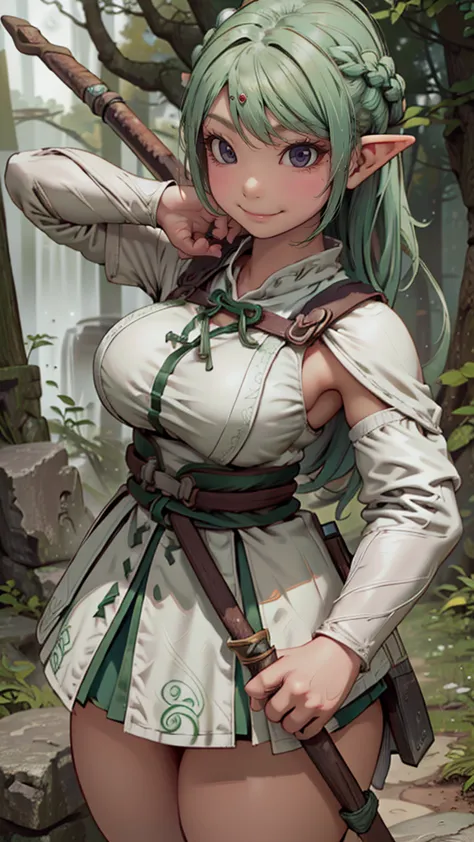 (cute elf ),(archer clothes),,(messy hairstyle),(large breasts:1.5),in forest background,(detailed archer's equipment),(highest ...