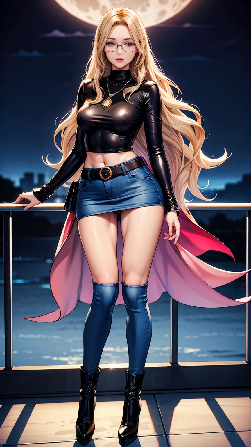 Beautiful woman with mid straight wavy blond hair with blue eyes wearing Tight Jeans Skirt With Leather Belt, Pink Sexy Criss Cross Mock Neck With Mid Sleeves Blouse With Phoenix Prints, luxurious jewelry and luxurious necklace, rimless glasses, pointless gloves, high heel boots, standing in a balcony at night of full moon, (caucasian skin), (light brown lipstick), (elegant mascara), (slim body with abs), (small breasts), (wide hips), midjourney, <lora:GoodHands-, <lora:GoodLegs-, UHD, high resolution, (masterpiece:1.9, best quality), (expressive eyes, perfect face, full body, expressive face, perfect body, perfect pussy, athletic, fit, slim body, blushing, Perfect makeup, eyeliner, beautiful eyelashes, smiling, horny face), ((best illumination, best shadows)), ((sexy pose))