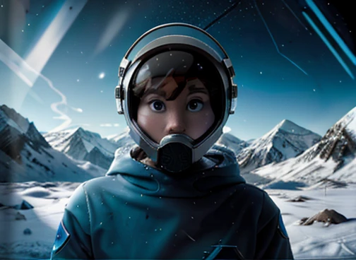  太空人害怕地看著觀眾, 透明太空頭盔面罩, 場景中有巨大的冰凍山脈. 土壤和冰凍環境, 積雪覆蓋, 冰冷的風暴 
