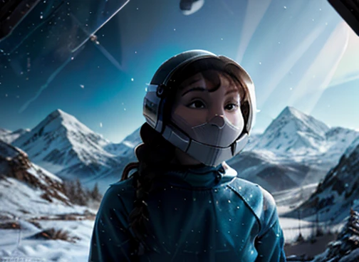  Астронавт испуганно смотрит на зрителя, прозрачный козырек космического шлема, В сценарии есть огромные замерзшие горы.. Почва и замерзшая среда, заснеженный, ледяной шторм 