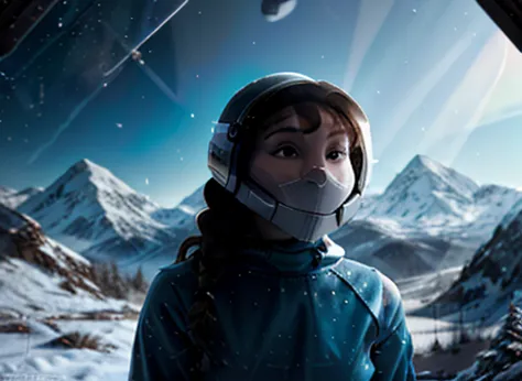  Astronaut looking scared at the spectator, transparent space helmet visor, In the scenario there are immense frozen mountains. ...