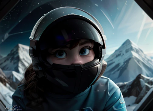  Астронавт испуганно смотрит на зрителя, прозрачный козырек космического шлема, В сценарии есть огромные замерзшие горы.. Почва и замерзшая среда, заснеженный, ледяной шторм 