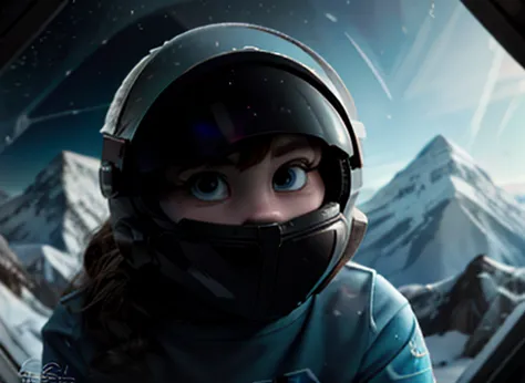 astronaut looking scared at the spectator, transparent space helmet visor, in the scenario there are immense frozen mountains. t...