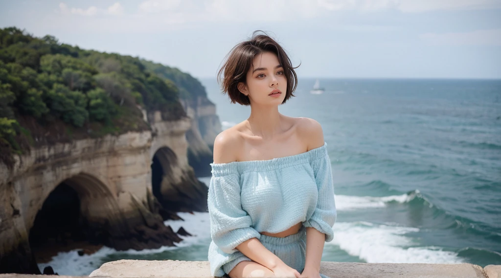 top-quality、beautiful  female、Superb view、on a cliff、off-shoulder:1.2、micro bikini:1.2、huge tit、The wind is blowing, short hair 